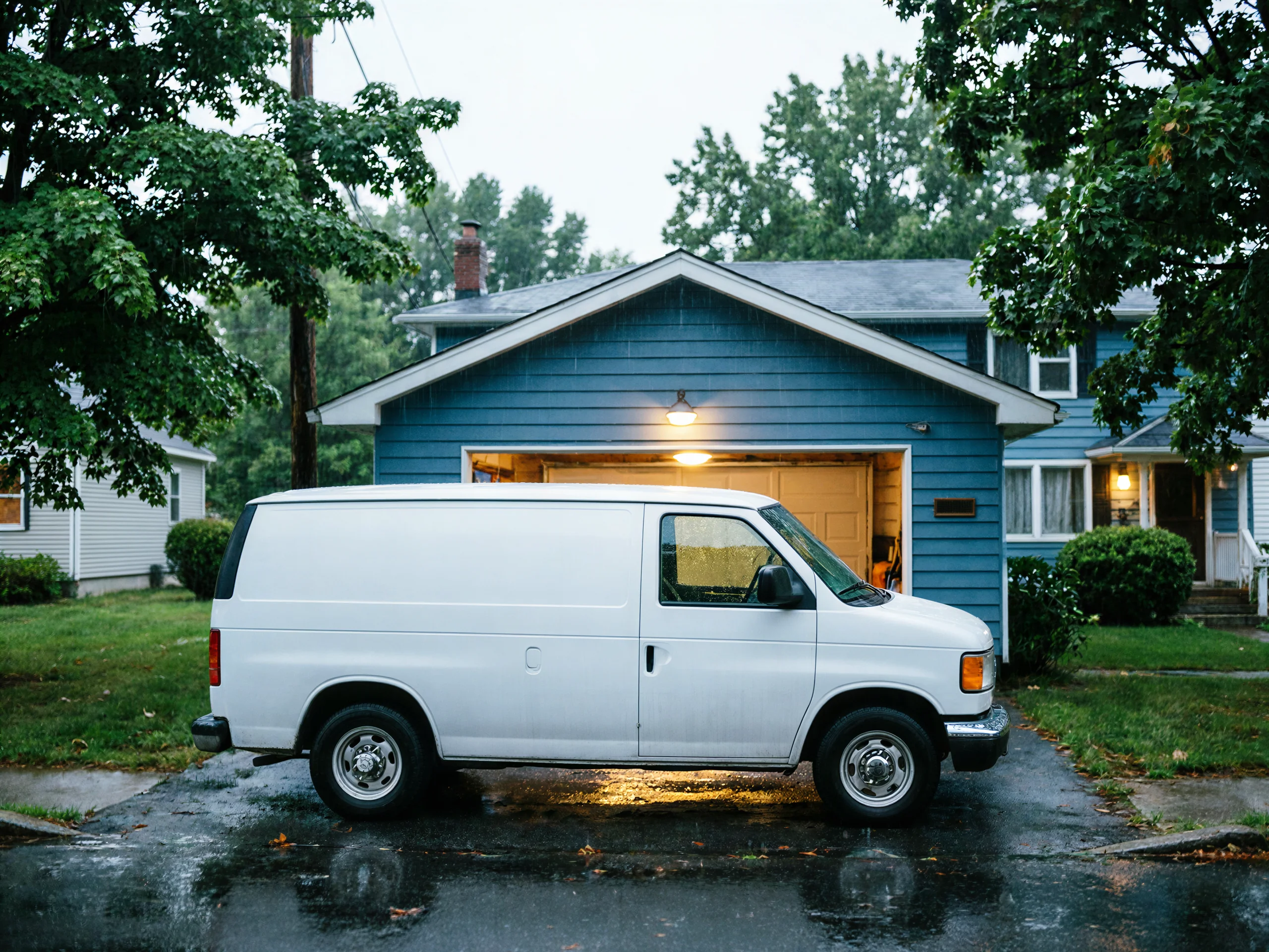A white van is parked in a wet driveway in front of a blue house.