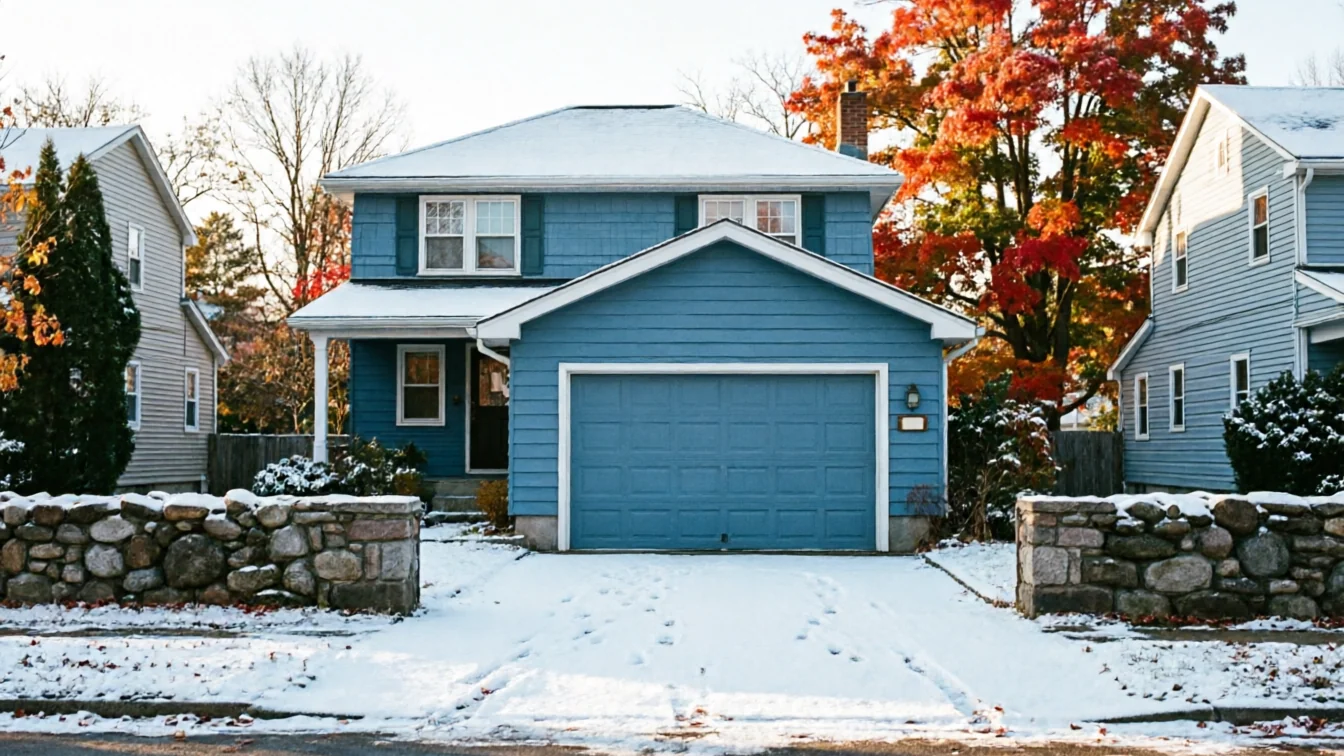 A blue house with a blue garage door and a snow-covered driveway.
