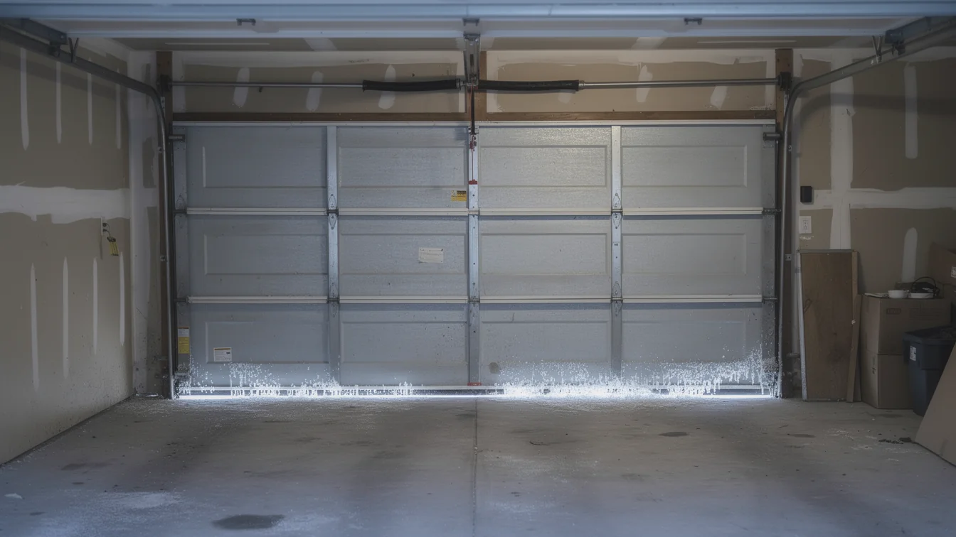 The garage door is closed, with ice and snow visible along the bottom edge.