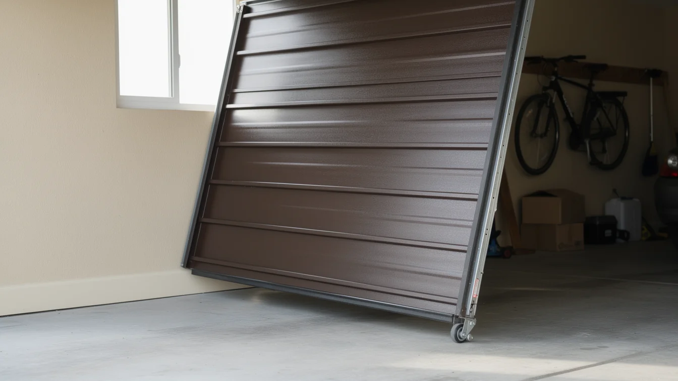 A brown garage door is partially open with a wheel on the concrete floor.