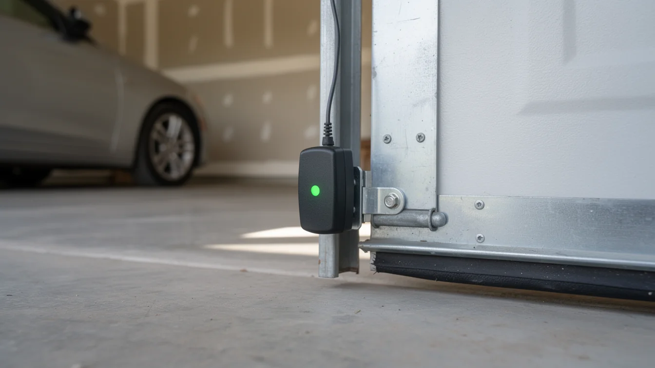 A black sensor with a green light is attached to a garage door frame.