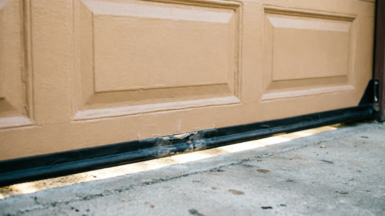 The bottom of a tan garage door has a damaged weather seal and scuff marks.