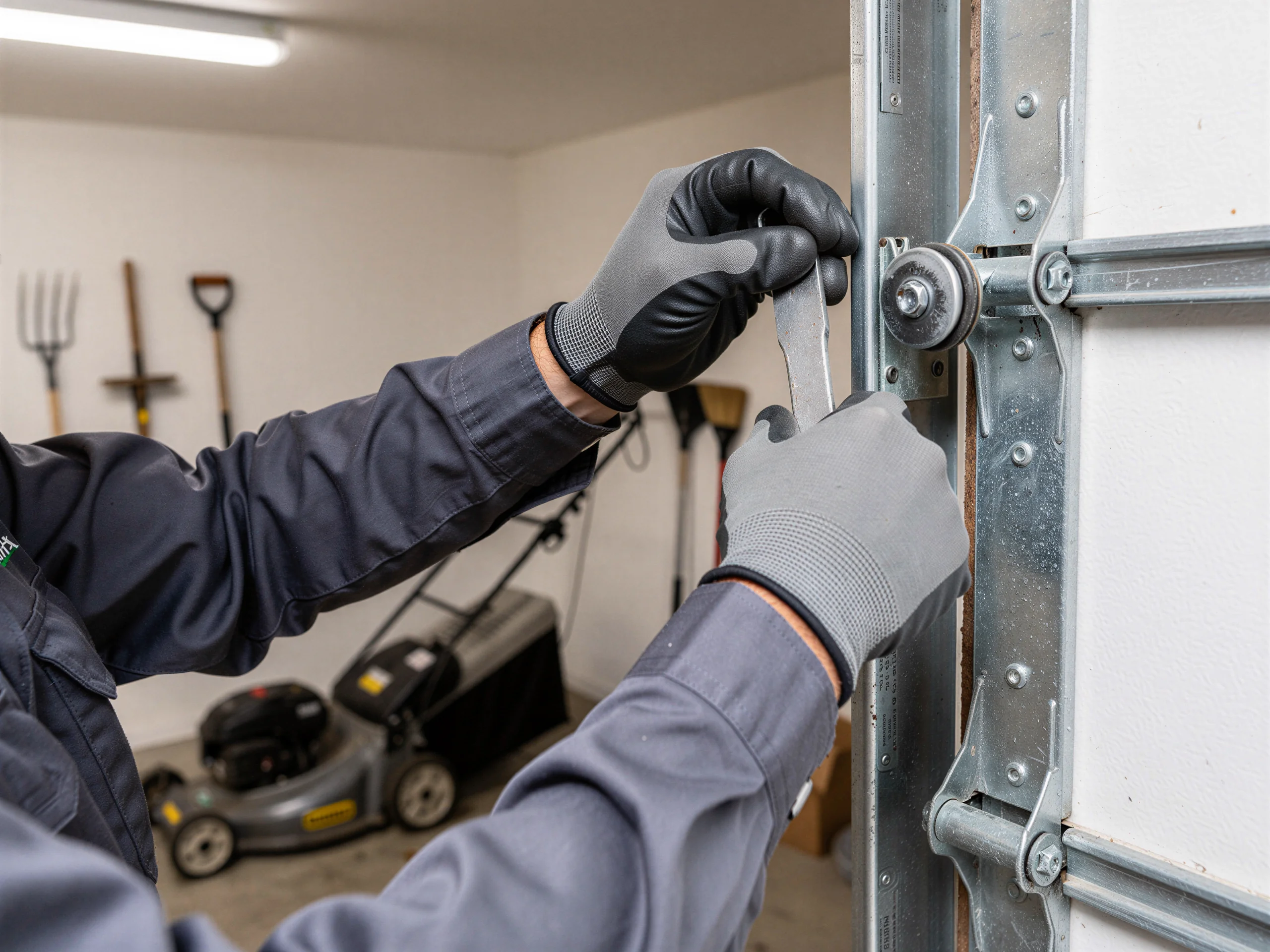 A technician in gloves adjusts a garage door roller with a wrench.